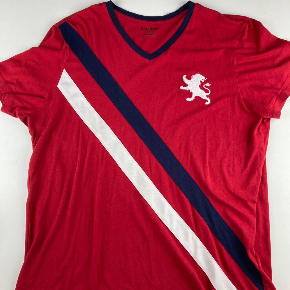 Express Lion Crest V-Neck T-Shirt Mens Large Red Stripe Logo